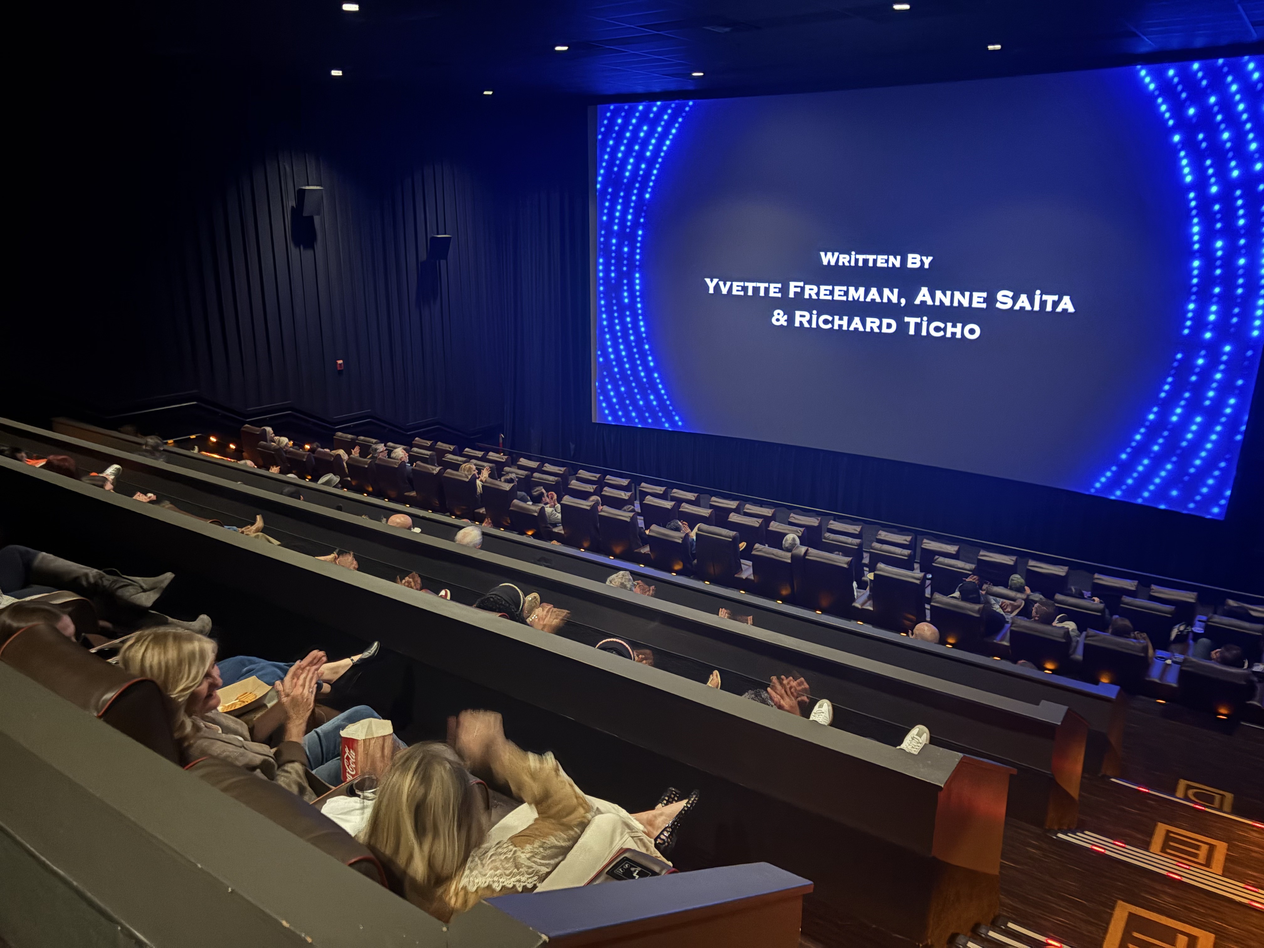 The first film's writing credit on a theater screen during a screening
